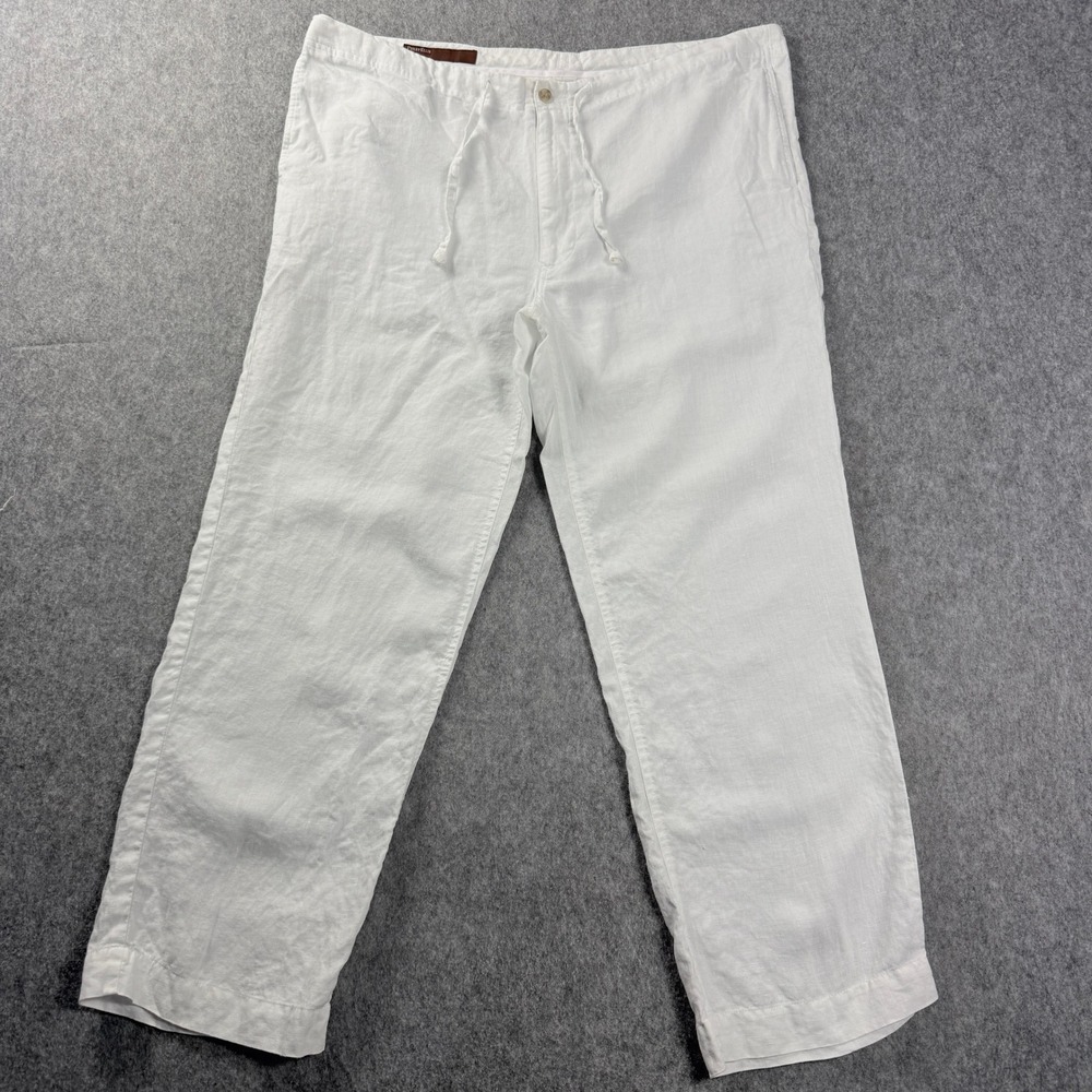 Perry Ellis Mens L Flat Front Linen Blend Drawstring Natural Linen Pants Slacks